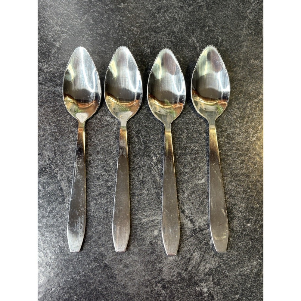 Vintage‎ MCM Matte Stainless Steel Serrated 6" Grapefruit Spoons Set Of 4